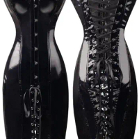 New Sexy Womens Black PVC Corset Fetish Dress Ladies Dominatrix Nightclubs corset S-XXL
