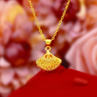 Pure 18K 999 Gold Elegant Fairy Hollow Fan Pendnat Chain for Women Birthday Wedding Christmas Gifts Jewelry Necklace Chains