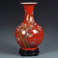 景德鎮陶瓷花瓶紅色花鳥花瓶中式家居擺件客廳飾品創意鮮干花瓷瓶