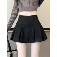 2025 Black Suede Pleated Midi Skirt for Women, Autumn Winter High Waist Slimming Mini Skirt, Casual 