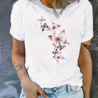 Pink Butterfly Pattern Printed T-shirt Fun Ladies Butterfly Lover Women's T-shirt Fashion Casual Sum