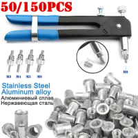 50/150pcs M3/M4/M6/M8 Steel/Aluminum Thread Blind Rivet Nut Flat Head Threaded Rivet Insert Nutsert Knurled Nuts Nut Gun Kit