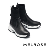【MELROSE】美樂斯 俐落時髦舒適牛皮拼接彈力飛織高筒厚底休閒鞋(黑)