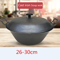 Cast Iron Pot flat Bottom Big Thick Cast Iron cooking Wok fry pan soup Uncoated Non stick Pot Wok Casserole Stew Pot