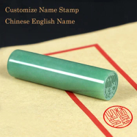 Chinese Style Natural Stone Green Color Personal Name Stamp Retro Portable Round Calligraphy Seal Customize Chinese English Name