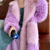 2024 Cherry blossom powder environmentally friendly fur long loose large collar fur coat for women's lambhair large pocket coat