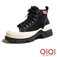 【0101】短靴 韓系女孩高筒帆布綁帶厚底靴(黑)