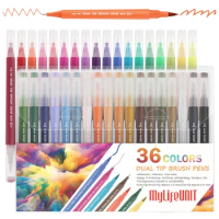 36 Colors Dual Tip Brush Pens Fineliner Pens and Brush Tip Marker Pen Set for Coloring Calligraphy Manga Drawing Writing