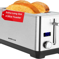Toaster 4 Slice, DOWYLIK Extra Wide Long Slot Toaster with Bagel/Defrost/Reheat/Cancel, Countdown Timer Functions, 6 Browning Se