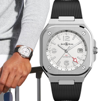 Bell &amp; Ross BR 05系列 GMT WHITE 雙時區機械腕錶-41mm(BR05G-SI-ST/SRB)