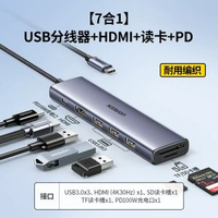 綠聯拓展塢typec擴充功能USB集線器多接口HDMI網絡線轉換轉接頭適用華-店長主推【7合1】USB3.0x3+HDMI+讀卡+PD 0.15m-款式20