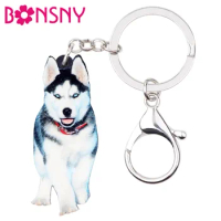 Bonsny Acrylic Siberian Husky Dog Key Chains Keychain Rings Novelty Animal Jewelry For Women Girls Handbag Car Charms Statement
