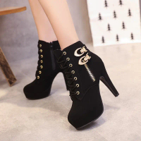 [with box] Party heels Elegant Zipper Lace-up Black Martin Boots with Heels for Women 4 inches High 