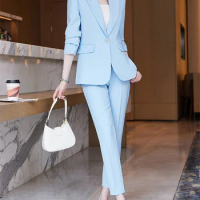 Yitimuceng Formal Pant Suits for Women Fall Winter 2023 New Fashion Solid Office Ladies Long Sleeve Blazer Trousers 2 Piece Set