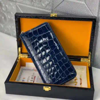 High glossy shinny genuine crocodile belly skin wallet clutch with inner cow skin lining blue color long zipper wallet purse
