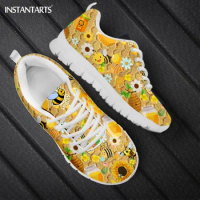INSTANTARTS Lovely Bee Sunflower Printing Dirty Resistant Mesh Shoes for Women Round Toe Sneakers Female Casual Flats Zapatillas