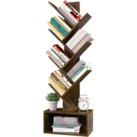 Bookshelf - 6 Shelf Retro Floor Standing Bookcase, Tall Wood Book Storage Rack for CDs Movies Books