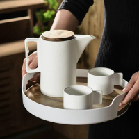 4 Mug+1 Kettle+1 Tray Ceramic Coffee Pot Set Black White 150ml Cup+1050ml Kettle with Acacia Lid Tea Set