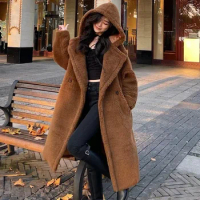 Women Winter Coat, Teddy Plush Hooded Wool Mara Coat Mid-length High Quality Alpaca Coat Thick Warm Grain Max Coat Tobacco Color
