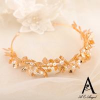【ANGEL】金色花漾葉片珍珠新娘公主髮箍(金色)