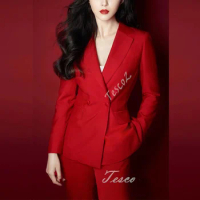 Tesco Red Women's Sets Solid Blazer And Trousers Double Breasted Jacket 2 Piece Temperament Pantsuit Female Luxury Casual Suit