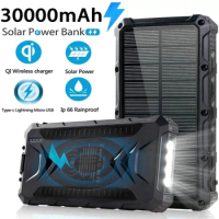 30000mAh Solar Power Bank Fast Qi Wireless Charger Outdoor Waterproof Powerbank for iPhone 13 Huawei Xiaomi with Camping Light
