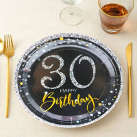 10pcs/Pack 30th Birthday Plates Black and Gold Dessert Buffet Cake Lunch Dinner Plates For 30th Birthday Decorations Party Decor