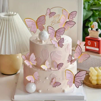 10pcs Stamping Gold Pink Butterfly Cake Toppers Princess Girl Wedding Happy Birthday Party Decor Dessert Cake Decor Butterfly