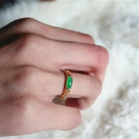 冰種陽綠玉髓戒指如意花紋指環女鑲嵌s925純銀復古馬鞍戒環