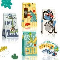 OurWarm 24pcs Kraft Dinosaur Candy Box Sealing Sticker for Dino Theme Birthday Party Baby Shower Party Supplies Wedding Decor