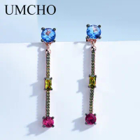 UMCHO Created Nano Blue Citrine Ruby Long Earrings 925 Sterling Silver Drop Earrings For Women Lover Anniversary Romatic Gift