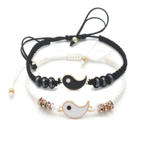 2pcs China Tai Chi Couple Bracelet Feng Shui Leather Cord Braided Chain Bracelet Alloy Pendant Braided Bracelets Gift