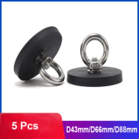 5Pcs Search Magnet Super Strong Neodymium Magnet D66/D88mm Fishing Rubber Coated Lifting Ring Magnet Power Salvage Magnet Hook