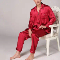 Men Pajama Set Summer Imitation Silk Pajama Set Shirt Pants Home Gown Sleepwear Nightwear Pajamas Zipper Casual Sleepwear Pants