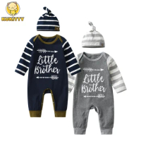 Newborn Baby Boy Romper Cotton Long Sleeve Little Brother Print Jumpsuit and Hat Infant Clothing Pajamas
