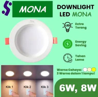 Lampu MONA Downlight LED 3 Warna dalam 1 lampu. Cahaya Putih, Cahaya putih kuning, Cahaya Kuning 8W