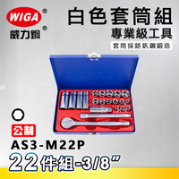 WIGA 威力鋼 AS3-M22P 3/8＂ 22件組白色套筒組 [3分頭, 附棘輪扳手, 接桿]