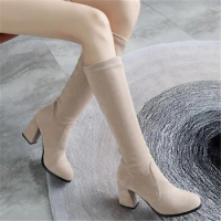 LeShion Of Chanmeb Big Plus Size 49 50 Woman Stretch Kneehigh Boots Nude Gray Block High Heel Flock Boot Lady Dress Shoes Winter