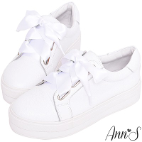 Ann’S激瘦第三代!!!寬版緞帶全真皮厚底小白鞋-白