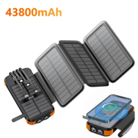 Solar Power Bank 43800mAh Qi Wireless Battery Charger for iPhone Samsung Huawei Outdoor Portable Powerbank with Cable for Xiaomi