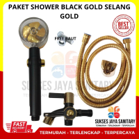 Paket Hand Shower Kamar Mandi Kipas Turbo Fan Set 360 Derajat Kran Cabang Black Gold Selang Gold Jet