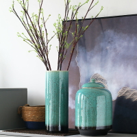 新中式會所餐廳桌面擺件翡翠綠釉柱形花瓶花器景德鎮陶瓷瓷器飾品