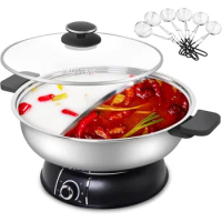Electric Shabu Shabu Hot Pot, 304 Stainless Steel Hot Pot with Divider Electric pot with Tempered Glass Lid for Party