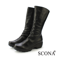 【SCONA 蘇格南】真皮 時尚率性抓皺反摺長靴(黑色 8822-1)