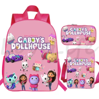 Gabby's Dollhouse Backpacks Students 3 Pices Set Pink School Bags Girls Cartoon Bookbag Gabbys Dollhouse Shoulder Bag Pencil Box