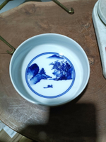 日本回流瓷器古董青花缽山水盤皿，日本名家東陽軒平八制。全品無