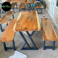 Meja Makan Trembesi Set Kaki Besi Holo Hitam / Meja Papan Kayu Solid