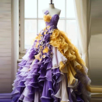 Luxury Puffy Ruffles Mesh Prom Gowns Real Image Flower Tiered A Line Pageant Dresses Very Fluffy Tulle Floral Formal Party Gowns