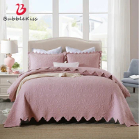Bubble Kiss Luxury Dusty Pink Floral Pattern Quilted Cotton Bedspread Queen 3Pcs Delicate Edge Coverlet Pillow Shams Bedding Set