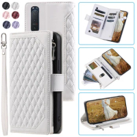 Fashion Zipper Wallet Case For Sony Xperia 5 II Flip Cover Multi Card Slots Cover Phone Case Card Slot Folio with Wrist Strap